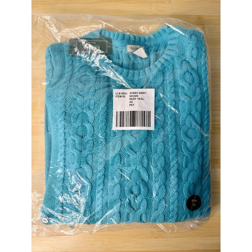 LL Bean Women's Sweater NWT Petite XS TEAL CABLE KNIT COTTON NAUTIC FISHERMAN
